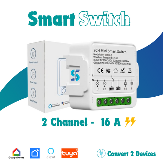 2channel smart switch module support Alexa, google home, fright, lights, tv,oven,switchs, sockets Sensoo Pakistan | WiFi Home Automation