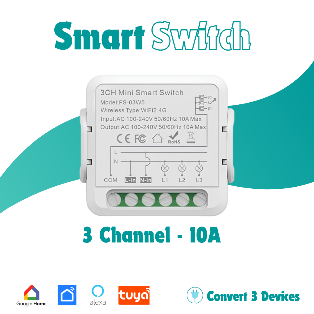 3channel smart switch module 10A smart life app,tuya app, aleza, google home Sensoo Pakistan | WiFi Home Automation